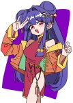  1girl absurdres bell breasts china_dress chinese_clothes commentary_request double_bun dress hair_bell hair_bun hair_ornament highres jacket long_hair open_mouth orange_jacket purple_hair ranma_1/2 red_dress red_eyes shampoo_(ranma_1/2) side_slit sidelocks smile yaha0079 
