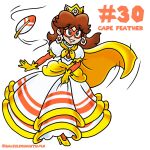  1girl alternate_costume blue_eyes brooch brown_hair cape cape_feather_(mario) commentary crown dress earrings english_commentary english_text eye_mask flower_brooch flower_earrings frilled_gloves frills full_body gloves highres jewelry keidontlie mario_(series) mask medium_hair nakaue_shigehisa_(style) numbered orange_mask pointed_crown princess princess_daisy puffy_sleeves simple_background solo super_mario_world white_background white_dress 