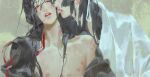  ! 2boys androgynous bishounen biting biting_ear black_hair black_hanfu chinese_clothes closed_eyes commentary couple english_commentary eyelashes glassbearer grandmaster_of_demonic_cultivation grey_eyes hair_in_own_mouth hair_ribbon hanfu hickey highres lan_wangji lips long_hair looking_at_another male_focus multiple_boys nipples off_shoulder one_eye_closed open_clothes open_robe out_of_frame parted_lips partially_undressed pectorals ponytail red_lips red_ribbon ribbon robe single_bare_shoulder speech_bubble spoken_exclamation_mark upper_body wei_wuxian white_hanfu white_ribbon yaoi 