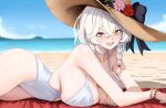 1girl alternate_costume beach bead_bracelet beads blue_archive blue_sky bracelet braid breasts cleavage commentary crossed_bangs day eri_(blue_archive) eri_(c108_swimsuit)_(blue_archive) flower hat hat_flower highleg highleg_one-piece_swimsuit highres jewelry large_breasts long_hair lying missing_halo on_stomach one-piece_swimsuit outdoors side_braid sky smile solo sun_hat swimsuit white_hair white_one-piece_swimsuit yan_kodiac 