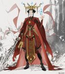  1girl abstract_background absurdres armor artist_name avatar:_the_last_airbender avatar_legends azula black_boots black_hair blue_fire boots cape character_name chinese_clothes commentary crown dunhuang_style english_commentary eyeshadow fingernails fire flaming_sword flaming_weapon full_body highres lipstick long_fingernails makeup parted_bangs polluxery pyrokinesis red_cape red_eyeshadow red_lips red_nails scale_armor short_hair solo sword weapon white_background 