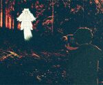  1990s_(style) 1boy 1girl anime_coloring blurry bow camera character_request commentary_request copyright_request faux_retro_artstyle feet_out_of_frame film_grain floating_hair forest from_behind ghost ghost_girl glowing hair_bow han'eri holding holding_camera jacket japanese_clothes kimono large_bow long_hair long_sleeves nature obi obidome obijime recording retro_artstyle sash short_hair sidelighting sorkgmrdraw standing tree twilight upper_body wide_sleeves 