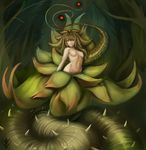  alraune areola breasts female flora_fauna flower forest forgotten_wings green_hair hair human hybrid leaves looking_at_viewer mammal mythology navel nipples outside plant red_eyes solo tentacles thorns tree vines 