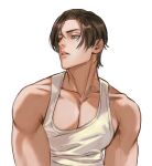 1boy armpit_crease bare_shoulders bite_mark bite_mark_on_neck blue_eyes brown_hair collarbone commentary english_commentary henoopd hickey highres leon_s._kennedy lips looking_to_the_side male_focus muscular muscular_male nose parted_lips pectoral_cleavage pectorals resident_evil short_hair simple_background solo tank_top teeth upper_body white_background white_tank_top 
