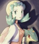  1girl asuka_rkgk backpack bag eyelashes flipped_hair from_side green_eyes green_hair hat jacket kris_(pokemon) looking_to_the_side open_clothes open_jacket pink_bag pokemon pokemon_(creature) pokemon_gold/silver/crystal quilava red_shirt shirt turtleneck turtleneck_shirt upper_body white_jacket yellow_hat 