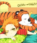  anger_vein animal_ears bed blonde_hair brown_eyes calvin calvin_&amp;_hobbes closed_eyes hobbes loveariddle lying on_stomach pillow pout shirt short_hair shorts spiked_hair striped striped_shirt tail tiger tiger_ears tiger_tail 