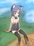  1girl alchemist_(ragnarok_online) animal_ear_fluff animal_ears black_thighhighs blush boots breasts brown_boots brown_cape cape cat_ears cat_girl cleavage cliff closed_mouth commentary_request detached_sleeves dress full_body fur_collar grey_eyes grey_hair grey_sleeves highres medium_hair morino_donguri on_ground ragnarok_online short_dress sitting small_breasts smile snail solo strapless strapless_dress thighhighs 