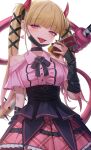  1girl absurdres bare_shoulders black_choker black_mask black_ribbon blonde_hair card chernobog_(monster_strike) choker commentary_request corset demon_horns dokon eyelashes hair_ornament hair_ribbon highres holding holding_card horns jirai_kei mask mask_around_neck monster_strike pink_eyes pink_shirt pink_skirt ribbon sharp_teeth shirt skirt solo standing tail teeth tongue tongue_out twintails white_background 