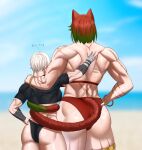  2girls amelia_thatcher_(vpnphecan) animal_ears arm_around_neck arm_wrap ass back_muscles bare_arms bare_shoulders beach bikini black_shirt blue_sky blurry blurry_background borrowed_character bracelet commentary cowboy_shot crop_top cropped_shirt cross_scar danelle_(superdave_2003) day english_commentary facing_away from_behind gold_bracelet green_hair green_tail hand_on_another's_back hand_wraps height_difference highres jewelry lion_ears lion_girl lion_tail median_furrow multicolored_hair multiple_girls muscular muscular_female original outdoors red_bikini red_hair red_tail scar scar_on_back scar_on_leg scar_on_shoulder scars_all_over shirt short_hair sky standing swimsuit t-shirt tail tail_around_another's_waist tail_through_clothes tail_wrap thick_thighs thighs two-tone_hair two-tone_tail vnphecan white_hair 