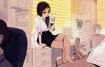  1girl 2boys absurdres arm_support arttheratpist barefoot black_eyes blurry blush bottomless brown_hair commentary computer cup depth_of_field desk electric_fan english_commentary english_text hetero highres holding holding_cup jewelry long_hair male_masturbation male_pubic_hair masturbation mug multiple_boys necklace no_pupils office office_lady on_desk original pearl_necklace pencil_skirt penis pubic_hair ring shirt sitting skirt solo_focus wedding_ring white_shirt 