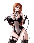  1girl bare_shoulders black_choker black_gloves black_leotard bleach breasts brown_eyes choker cleavage clothing_cutout covered_navel cowboy_shot dominatrix gloves hair_behind_ear highres holding holding_whip inoue_orihime lace lace_thighhighs large_breasts leotard long_hair looking_at_viewer o-ring orange_hair parted_bangs parted_lips revealing_clothes rozuberry skindentation solo standing thigh_strap thighhighs thighs whip white_background 