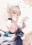  1girl absurdres ahoge arknights arknights:_endfield bare_back bare_shoulders black_choker blonde_hair blue_eyes blurry chinese_commentary choker closed_mouth commentary film_grain flower highres holding holding_flower jacket light_blush long_hair looking_at_viewer off_shoulder perlica_(arknights) solo white_flower white_jacket yellow_pupils yy~_(user_facs2332) 
