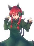  :p animal_ears bow braid cat_ears cat_tail dress hair_bow kaenbyou_rin long_hair looking_at_viewer masa_(neku) multiple_tails nekomata red_eyes red_hair simple_background solo tail tongue tongue_out touhou twin_braids white_background 