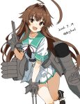  1girl absurdres ahoge aqua_sailor_collar belt bigkwl black_culottes brown_eyes commentary dated_commentary fang green_sailor_collar highres huge_ahoge kantai_collection kuma_(kancolle) kuma_kai_ni_(kancolle) long_hair looking_at_viewer miniskirt one-hour_drawing_challenge open_mouth pleated_shorts pleated_skirt rigging sailor_collar sailor_shirt school_uniform serafuku shirt short_sleeves skirt smile very_long_hair white_belt white_skirt 