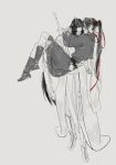  2boys absurdres bichen_sword black_boots black_hair black_hanfu blush boots carrying chinese_clothes closed_eyes commentary couple english_commentary faux_traditional_media full_body glassbearer grandmaster_of_demonic_cultivation grey_background greyscale hair_ribbon hanfu headband highres hug ink_wash_painting lan_wangji long_hair long_sleeves looking_at_another male_focus monochrome multiple_boys open_mouth pants ponytail princess_carry profile red_ribbon ribbon robe sash sidelocks simple_background sketch spot_color standing sword sword_on_back tassel very_long_hair weapon weapon_on_back wei_wuxian white_boots white_hanfu white_headband wide_sleeves yaoi yaopei 