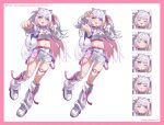  1girl :3 :p ;3 ;p absurdres animal_ears arm_warmers arms_up bandaid bandaid_on_knee bandaid_on_leg belt belted_leg_warmers border bow claw_pose cleavage_cutout clenched_hand closed_eyes closed_mouth clothing_cutout collar collar_over_clothes colored_inner_hair colored_shoe_soles commentary_request copyright_logo copyright_notice crop_top cropped_shirt detached_wings dog_ears dog_girl dog_tail fishnet_pantyhose fishnets full_body gram_pico hair_bow hair_ornament hair_ribbon haru_yu high_collar highres iridescent_clothes leg_warmers logo long_hair midriff multicolored_hair multiple_expressions multiple_views navel o-ring o-ring_thigh_strap official_art one_eye_closed open_mouth pantyhose paw_hair_ornament phase_connect pink_belt pink_border pink_collar pink_eyes pink_hair pink_ribbon pink_wings purple_ribbon ribbon shirt shoelaces shoes shorts sidelocks single_claw_pose single_leg_pantyhose sleeveless sleeveless_shirt song_name suspenders_hanging tail thigh_strap tongue tongue_out twintails vertical-striped_leg_warmers virtual_youtuber white_arm_warmers white_background white_hair white_leg_warmers white_shoes white_shorts white_tail wings zipper_top 