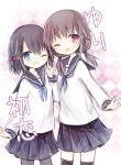  2girls amakaze_sora argyle_background black_hair black_sailor_collar black_skirt black_thighhighs blue_eyes blue_neckerchief blush bow brown_hair commentary_request grey_pantyhose hair_between_eyes hair_bow hair_ornament hair_over_shoulder hairclip long_hair long_sleeves low_twintails multiple_girls neckerchief one_eye_closed open_mouth original pantyhose pleated_skirt puffy_long_sleeves puffy_sleeves purple_bow purple_eyes sailor_collar school_uniform serafuku shirt skirt thighhighs translation_request twintails white_shirt 