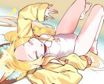  1girl absurdres animal_ear_fluff animal_ears bare_legs barefoot blonde_hair blue_archive blush breasts commentary covered_navel eudetenis feet forehead halo highres jacket knees_up long_hair long_sleeves looking_at_viewer lying official_alternate_costume on_back one-piece_swimsuit open_clothes open_jacket open_mouth parted_bangs school_swimsuit seia_(blue_archive) seia_(swimsuit)_(blue_archive) sleeves_past_wrists small_breasts solo swimsuit toes upside-down variant_set very_long_hair white_one-piece_swimsuit yellow_halo yellow_jacket 