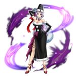  1girl alternate_costume arm_up armpits artist_request aura bare_shoulders black_dress black_gloves black_hat black_horns bow breasts cleavage closed_mouth collar dark_aura detached_collar dress elbow_gloves full_body fur-trimmed_dress fur-trimmed_gloves fur-trimmed_headwear fur_trim game_asset gloves grand_summoners hat high_heels holding holding_sack horns impossible_clothes impossible_dress large_breasts long_dress long_hair looking_at_viewer neck_ribbon official_art oni outline pom_pom_(cheerleading) purple_bow purple_eyes purple_hair red_ribbon red_shoes ribbon sack santa_hat shion_(tensura) shoes side_slit simple_background single_horn sleeveless sleeveless_dress smile solo standing straight-on strapless strapless_dress tensei_shitara_slime_datta_ken third-party_source transparent_background waist_bow white_collar white_outline 