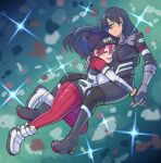  2girls alternate_universe amate_yuzuriha arm_around_another's_back beanie between_breasts black_hair breasts closed_eyes commentary couple english_commentary face_between_breasts floating gloves good_end gundam gundam_gquuuuuux hat head_between_breasts highres holding_hands interlocked_fingers large_breasts long_hair looking_at_another mecha_pilot_suit multiple_girls normal_suit_(gundam) nyaan_(gundam_gquuuuuux) red_hair reveal short_hair vanyllabeane yellow_eyes yuri 