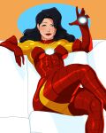  1girl absurdres arc_reactor armor black_hair cadhla182 commentary couch crossed_legs english_commentary full_armor genderswap genderswap_(mtf) highres iron_man iron_man_(series) long_hair marvel multicolored_armor on_couch power_armor red_armor sitting solo superhero_costume tony_stark window yellow_armor 