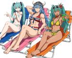  2026_fifa_world_cup 3girls alternate_breast_size_(larger) aqua_eyes aqua_hair arm_tattoo artistic_error bad_id bad_twitter_id bare_arms bare_legs bare_shoulders barefoot bikini blue_eyes blue_hair blush bracelet braid brazilian_flag brazilian_flag_print brazilian_miku breasts chair cleavage closed_mouth collarbone commentary dark-skinned_female dark_skin earrings english_commentary eyewear_on_head fake_horns flag_print flag_print_bikini flower hair_between_eyes hair_flower hair_ornament hatsune_miku hatsune_miku_world_cup_custody_battle_(meme) helmet highres horned_helmet horns jewelry large_breasts long_hair looking_at_viewer lounge_chair medium_breasts meme multicolored_nails multiple_girls muscular muscular_female navel norway norwegian_flag norwegian_flag_bikini norwegian_flag_print norwegian_miku number_tattoo open_mouth print_bikini shiren_(ourboy83) sitting smile stomach striped_bikini striped_clothes sunglasses swimsuit tan tattoo teeth twin_braids twintails upper_teeth_only very_long_hair vocaloid world_cup wrong_foot yellow_bikini 