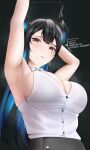  1girl absurdres alternate_costume arm_behind_head armpit_focus armpits arms_up asymmetrical_horns bare_shoulders black_hair black_horns blue_hair blush bra_visible_through_clothes breasts collared_shirt colored_inner_hair commentary demon_horns earrings english_commentary english_text furrowed_brow highres hololive hololive_english horns jewelry large_breasts long_hair looking_at_viewer mole mole_under_eye multicolored_hair nerissa_ravencroft office_lady parted_lips pencil_skirt red_eyes shirt shirt_tucked_in skirt sleeveless sleeveless_shirt smell snipsman solo steaming_body sweat sweaty_armpits two-tone_hair uneven_horns very_long_hair virtual_youtuber 