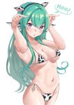  1girl :o absurdres animal_ear_hairband animal_ears animal_print bikini blush breasts cleavage commentary cow_ear_hairband cow_ears cow_print cow_print_bikini english_text fake_animal_ears finana_ryugu fins hair_between_eyes hairband head_fins highres horns_pose long_hair looking_at_viewer medium_breasts navel nijisanji nijisanji_en print_bikini simple_background solo speech_bubble sweatdrop swimsuit untranslatable_commentary virtual_youtuber white_background yarashi_thought 