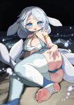  1girl :3 absurdres animal_ears aqua_thighhighs armlet ass bare_shoulders bikini blue_eyes blue_panties blush breasts cameltoe cleavage collarbone commentary_request deep_skin droopy_ears facial_mark feet fins fish_tail foot_out_of_frame forehead_mark gold_armlet grabbing_own_ass hand_on_own_ass highres jewelry knees_together_feet_apart large_breasts long_hair lying on_side open_mouth original panties parted_bangs pendant raised_inner_eyebrows sakurami_sumi skindentation smile soles solo stirrup_legwear swimsuit tail thighhighs toeless_legwear toes underwear white_hair white_tail 