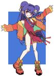  1girl absurdres bell bow china_dress chinese_clothes commentary_request double_bun dress hair_bell hair_bow hair_bun hair_ornament highres jacket long_hair orange_jacket orange_shoes parted_lips purple_hair ranma_1/2 red_dress red_eyes shampoo_(ranma_1/2) shoes side_slit sidelocks simple_background smile sneakers two-tone_background yaha0079 yellow_bow 