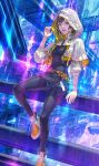  1girl arina_nary arm_up brown_hair cloak commentary_request final_fantasy final_fantasy_xiv full_body green_eyes highres hood hooded_cloak hyur looking_at_viewer medium_hair multicolored_hair neon_lights shirt shorts sidelocks sitting smile solo solution_9_(ff14) sphene_(ff14) 