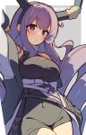  1girl arknights arm_up bare_shoulders black_dress black_hairband black_horns blurry blush breasts bright_pupils closed_mouth commentary covered_navel cowboy_shot dress framed_breasts grey_background hairband highres horns long_hair looking_at_viewer medium_breasts purple_hair red_eyes simple_background sleeveless sleeveless_dress solo standing tetenka typhon_(arknights) white_pupils 