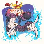  1boy 1girl \m/ armor arms_around_neck bald blonde_hair blue_eyes boots captionpanic carrying commentary crossover drill_hair earrings effie_(street_fighter) english_commentary fingerless_gloves fingernails full_body gloves hair_ornament hair_scrunchie highres index_finger_raised jewelry knee_boots leotard long_fingernails long_hair muscular nail_polish necro_(street_fighter) no_pupils open_mouth pointing red_gloves red_leotard red_nails scrunchie sharp_fingernails size_difference smile spikes street_fighter street_fighter_iii_(series) tattoo twin_drills twintails 