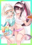  2girls aqua_bikini aqua_eyes aqua_shirt azki_(hololive) bikini bikini_top_under_shirt bikini_under_clothes black_hair blonde_hair blush border bow breasts bright_pupils closed_mouth commentary_request cookie crazy_straw crop_top cropped_shirt cup double-parted_bangs drink drinking_glass drinking_straw food foot_out_of_frame green_border hair_bow heart_straw highres holding holding_tray hololive hot_dog kazama_iroha leg_up long_hair matching_outfits medium_breasts medium_hair miyagi_ratona multicolored_hair multiple_girls name_tag navel no_pants off-shoulder_shirt off_shoulder open_mouth outside_border pink_bikini pink_streaks plate ponytail purple_eyes sandals see-through_cleavage see-through_clothes see-through_shirt shirt short_sleeves smile standing standing_on_one_leg stomach strap streaked_hair swimsuit toenails tray twitter_username virtual_youtuber visor_cap waitress white_background white_bow white_pupils white_sandals white_shirt 