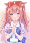  1girl absurdres agnes_digital_(umamusume) animal_ears blue_eyes blush bow bowtie breasts closed_mouth commentary_request hair_bow highres horse_ears horse_girl interlocked_fingers long_hair looking_at_viewer own_hands_clasped own_hands_together pink_hair pleated_skirt puffy_short_sleeves puffy_sleeves purple_bow purple_bowtie purple_shirt sailor_collar sailor_shirt school_uniform shirt short_sleeves skirt small_breasts smile snow_apple01 solo summer_uniform tracen_school_uniform umamusume white_sailor_collar white_skirt 