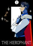  1boy black_background black_hair black_pants blending blue_vest cape card_(medium) closed_mouth commentary_request english_text from_side frown fur-trimmed_cape fur_trim glasses highres key male_focus nijisanji nogugera pants profile red_cape roman_numeral shirt short_hair simple_background solo sparkle tarot tarot_(medium) the_hierophant_(tarot) very_short_hair vest virtual_youtuber waistcoat white_shirt yashiro_kizuku yashiro_kizuku_(3rd_costume) 