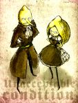  1boy 1girl adventure_time adventure_time:_fionna_and_cake angry arms_behind_back ascot black_dress blonde_hair colored_skin commentary dress dual_persona earl_of_lemongrab english_commentary english_text food frilled_dress frills from_above fruit full_body lady_lemongrab lemon puffy_short_sleeves puffy_sleeves short_sleeves woraya_chotikul yellow_skin yellow_theme 