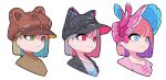  1girl absurdres animal_ears asymmetrical_hair baseball_cap bear_ears black_jacket blue_eyes bonnet bow brown_hair brown_sweater cat_ears claw_mark cross-laced_clothes expressionless fake_animal_ears green_eyes grey_hair hat highres iwako_(eiken3kyuboy) jacket original pink_bow pink_hair pink_shirt print_shirt rabbit_ears red_eyes shirt simple_background sweater variations white_background white_shirt 