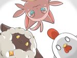  akatsuki_tatsuko bird blue_eyes cattiva chicken chikipi from_below lamball looking_at_viewer looking_down no_humans pal_(creature) palworld pink_fur simple_background white_background 