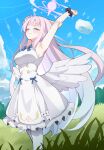 1girl arm_behind_head armpits arms_up black_scrunchie blue_archive blue_bow blue_flower blush bow clenched_hand closed_eyes closed_mouth commentary_request dress flower hair_bun hair_flower hair_ornament hair_scrunchie halo hand_on_own_arm highres long_hair mika_(blue_archive) outdoors pantyhose pink_hair pink_halo raimu_(clanberry000) revision scrunchie single_side_bun sleeveless sleeveless_dress smile solo white_dress white_pantyhose white_scrunchie white_wings wings wrist_scrunchie 