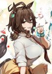  1girl agnes_tachyon_(umamusume) ahoge animal_ears breasts brown_cardigan brown_hair candy cardigan cardigan_around_waist chemical_structure clothes_around_waist collared_shirt commentary_request cup earrings flask food hair_between_eyes highres holding holding_candy holding_food holding_lollipop horse_ears horse_girl horse_tail jewelry large_breasts lollipop looking_at_viewer medium_hair megao_3rd necktie red_eyes red_necktie saucer scrunchie shirt single_earring solo sugar_cube tail tea teacup tongue tongue_out umamusume white_shirt wrist_scrunchie 