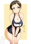  1girl blue_one-piece_swimsuit blush border bracelet breasts brown_eyes brown_hair closed_mouth clothes_writing collarbone commentary_request competition_swimsuit cowboy_shot curvy eyelashes fingernails girls_und_panzer hands_on_own_legs heart highres ichijou_takakiyo jewelry kojima_emi large_breasts looking_at_viewer name_tag one-piece_swimsuit short_hair simple_background smile solo swimsuit translation_request very_short_hair white_border yellow_background 