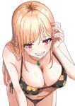  1girl absurdres barbell_piercing bikini black_bikini black_choker blonde_hair blush breasts choker cleavage collarbone commentary_request ear_piercing earrings eyelashes floral_print floral_print_bikini highres industrial_piercing jewelry kitagawa_marin large_breasts long_hair looking_at_viewer medium_breasts multicolored_hair navel parted_lips pendant piercing pink_hair print_bikini red_eyes side-tie_bikini_bottom simple_background smile solo sono_bisque_doll_wa_koi_wo_suru swimsuit teeth two-tone_hair white_background will77im 
