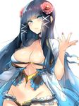  black_hair blue_eyes blush breasts choker cleavage flower groin hair_flower hair_ornament hair_ribbon large_breasts long_hair looking_at_viewer naso4 navel ribbon sammy_(soccer_spirits) sidelocks simple_background sketch skindentation soccer_spirits solo white_background 