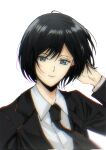  1girl black_hair black_jacket closed_mouth collared_shirt commentary_request facing_viewer grey_eyes hair_between_eyes hand_in_own_hair highres jacket liu_ruo looking_at_viewer mikasa_ackerman portrait scar scar_on_cheek scar_on_face shingeki_no_kyojin shirt short_hair solo suit_jacket white_background white_shirt 