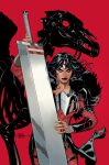  1girl absolute_dc absolute_wonder_woman animal_skeleton artist_collaboration black_hair blue_eyes circlet commentary dc_comics english_commentary highres holding holding_sword holding_weapon huge_weapon long_hair looking_at_viewer pegasus_(absolute_dc) rachel_dodson red_background signature simple_background skeleton_horse sword terry_dodson weapon wonder_woman wonder_woman_(absolute_dc) 