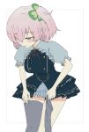  1girl adjusting_clothes adjusting_legwear assault_lily black_dress black_ribbon blush closed_mouth clover_hair_ornament commentary_request cowboy_shot dalia_(flagdali) dress four-leaf_clover_hair_ornament frilled_dress frilled_sleeves frills grey_dress grey_thighhighs hair_between_eyes hair_ornament highres hitotsuyanagi_riri holding holding_unworn_clothes holding_unworn_thighhighs inset_border leaning_forward looking_ahead looking_down neck_ribbon official_alternate_costume outside_border pink_eyes pink_hair puffy_short_sleeves puffy_sleeves ribbon short_dress short_hair short_sleeves simple_background single_thighhigh solo standing striped_ribbon thighhighs two-tone_dress white_background 