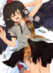  1girl absurdres bird_wings black_skirt black_wings blush brown_eyes brown_hair commentary_request crying crying_with_eyes_open defeat eneshi geta hat highres looking_at_viewer medium_hair navel neck_ribbon one_eye_closed open_mouth pointy_ears pom_pom_(clothes) red_eyes red_hat red_shoes ribbon shameimaru_aya shirt shoes short_sleeves signature skirt solo tears tengu-geta tokin_hat torn_clothes torn_shirt torn_skirt touhou undone_neck_ribbon white_shirt wings 