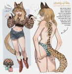 ... 1girl absurdres akiko_(vakiko6) animal_ears animal_nose animal_print bag blonde_hair blush boots commentary cropped_jacket ears_through_hood english_commentary english_text fang grabbing_own_ass grey_background gyaru handbag highres hood hood_up leopard_ears leopard_girl leopard_print leopard_tail looking_at_viewer multiple_views nail_polish navel open_mouth original panties speech_bubble spoken_ellipsis spotted_hair tail tail_through_clothes topless_female underwear 