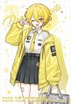 1girl 1mingk absurdres bag bandages blonde_hair character_name collared_shirt cowboy_shot don_quixote_(project_moon) highres holding holding_bag limbus_company looking_at_viewer necktie one_eye_closed open_mouth project_moon shirt short_hair skirt smile solo star_(symbol) sweater v white_shirt yellow_eyes yellow_necktie yellow_sweater 